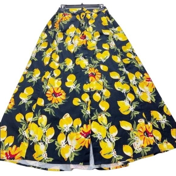 Lulumari Dresses & Skirts - LULUMARI Large Lemon Print Black Button Front Maxi Skirt Size Small